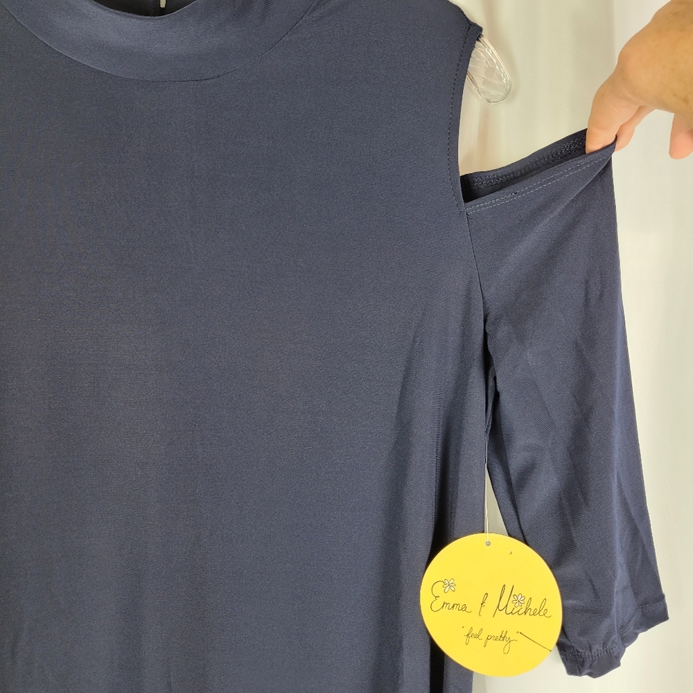 NEW Emma & Michele Navy Blue Mock Neck Cold Shoulder Midi Shift Dress Medium - Picture 4 of 12